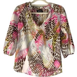 Pink Animal Print Frills Top Shirt V-neck fab’rik size small Shiny Brown Gold